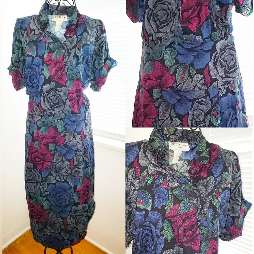 SOLD Vtg 1970s Midi Shirtdress by Studio LA Blue Floral Print Fitted Day Dress